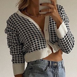 Houndstooth Crop Top Cardigan Knitted Y2K